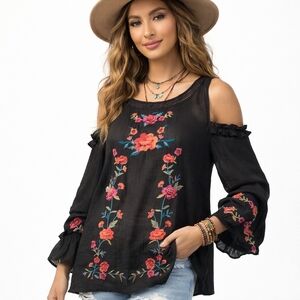 Umgee Black Embroidered Boho Peasant Blouse Cold Shoulder Small